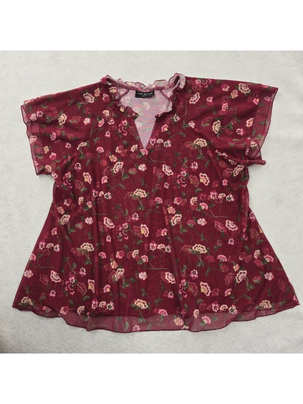 Lane Bryant Floral Blouse Top Sz 22/24 Double Layer Notch Neck Ruffle Semi Sheer